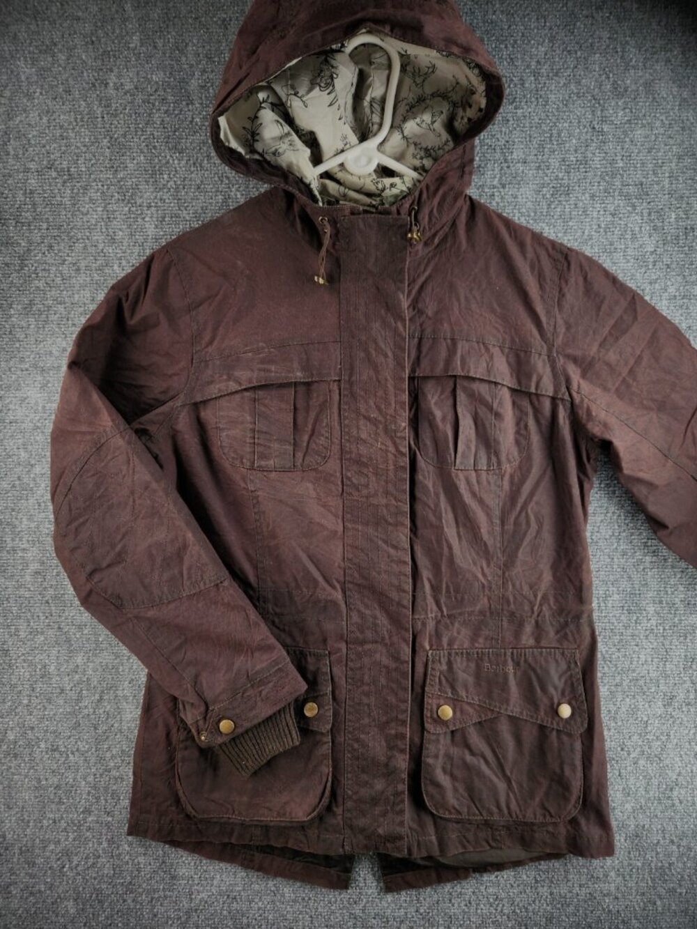 Barbour Size 6 USA Waxed Canvas Jacket Hooded Red Brown Lined Cargo Pockets